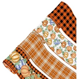 ZAWE 4 Rolls Fall Ribbon 2" 20 Yards Buffalo Plaid Pumpkins Maple Leaves Wired Edge Ribbon for Home Bow Wreath DIY Craft Gift Wrap Autumn Thanksgiving Party Decorations