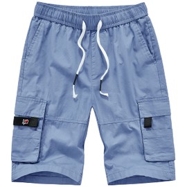 Vcansion Women's Casual Cotton Elastic Waist Drawstring Loose Fit Outdoor Multi-Pockets Cargo Shorts Light Blue US 12-14