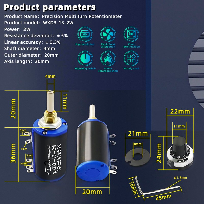 DaFuRui WXD3-13-2W Rotary Potentiometer,4PCS 10K Ohm Variable Speed Drive Potentiometer