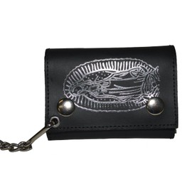 Leatherboss Genuine Leather Trifold Designer Virgin Mary Biker Chain Wallet Credit Card Cash Holder, Black
