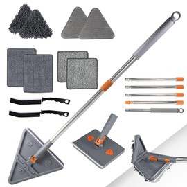 85'' Wall & Ceiling Mop with Long Handle, Wall and Baseboard Cleaner Tool, 2 Mop Heads (Triangle Corner + Square), 8 Reusable Washable Pads (Chenille/Microfiber/Scrub) for Shower Walls, Tile, Floors
