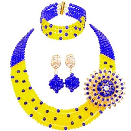 aczuv 5 Rows Royal Blue Yellow Women's Fashion African Beads Nigerian Necklace Bridal Wedding Jewelry Sets (Royal Blue Yellow)