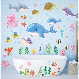 DECOWALL DS12-8081 Under The Sea Wall Stickers Ocean Fish Seaweed Decals Turtle Jellyfish Removable Kids Baby Bedroom Nursery Art Home décor Bathroom Decoration Beach Seagrass Colorful Boys Girls