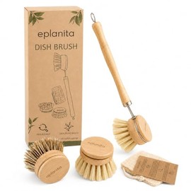 eplanita Natural Dish Brush, 3 Replacement Heads, Kitchen Eco Bamboo Scrubber Brushes, Extra Plant Sponge, Plastic Free Washing Up, Zero Waste Cleanin