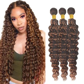 Leruikair Human Hair Bundles 22 24 26 Inch Deep Wave Human Hair Bundles Highlight Brown Chocolate P4/30 Unprocessed Brazilian Soft Quick Weave Hair for Black Women