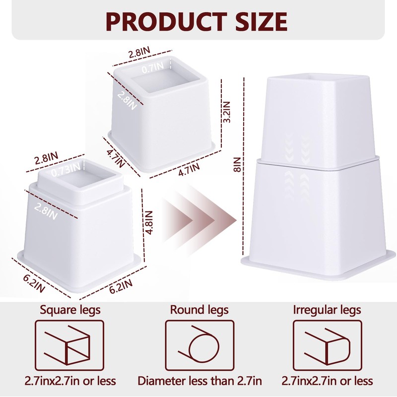 Demiwise Heavy Duty Bed Risers - Set of 4 Adjustable
