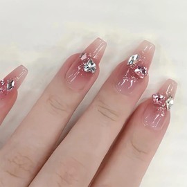 Angwis 24pcs Pink Ombre Coffin Press-on Nails Set - Glitter Silver Heart Rhinestone False Nails - Acrylic, Full Cover, Full Well Tips