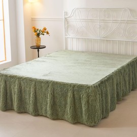 XeGe Fluffy Faux Fur Bed Skirt with Velvet Platform Split Corners, Dust Ruffle Plush Shaggy Wrap Around Bed Skirt 14 Inch Drop, Luxury Fuzzy Furry Bedspread, Sage Green, Twin Size