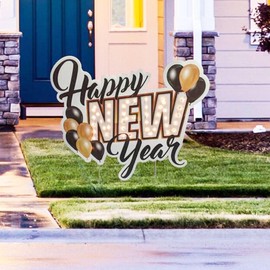 VictoryStore Corrugated Plastic Happy New Year Lighted Yard Sign: 34" x 39.4", 50 Count Plug-in Light String, American Made