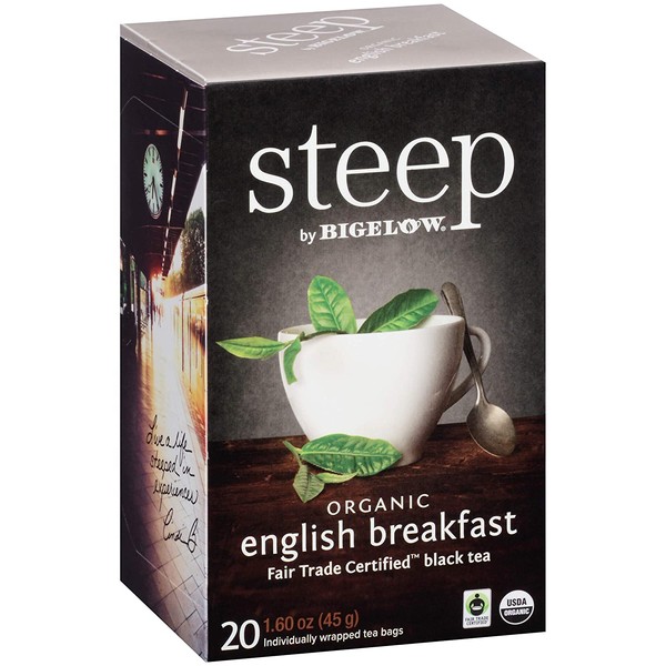 steep by Bigelow Organic English Breakfast Tea Bags, 20 Count Box (Pack of 6), Caffeinated Black Tea 120 Tea Bags Total