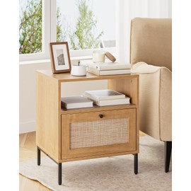 Apetaccat Rattan Nightstand,Large Modern Night Stand Boho Farmhouse Wood Bedside Table with Storage Drawer and Open Shelf,Large End Side Table for Bedroom,Living Room,Office(Natural)