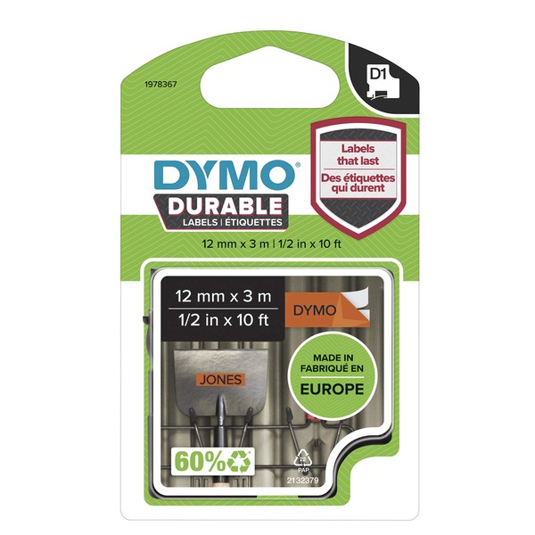DYMO D1 Durable Labeling Tape for LabelManager Label Makers, Black Print on Orange Tape, 1/2" W x 10' L, 1 Cartridge (1978367), DYMO Authentic