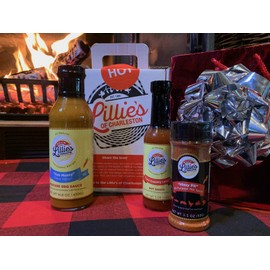 Lillie's of Charleston 3 ct. Hot Variety Gift Box | Low Country Loco Hot Sauce, Hab Mussy Mustard BBQ Sauce, Hissy Fit All Purpose Seasoning Blend | 7" x 8.25" x 3.5" Gift box with handle