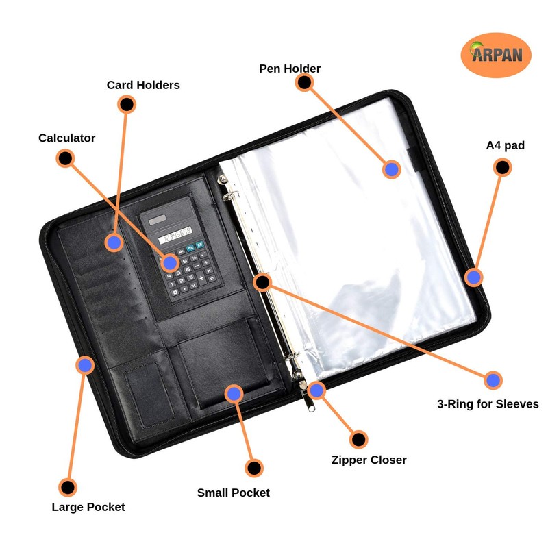 Arpan Ringbinder Folio with Zipper & Calculator Portfolio Folder Case