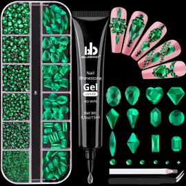 2060Pcs Emerald Green Glass Nail Rhinestones 60Pcs Multi Shapes Flatback Nail Gems + 2000Pcs 1.5-4mm Round Crystal with Rhinestones Glue Gel, Manicure Nail Charms Diamond Gemstone for Nail Art