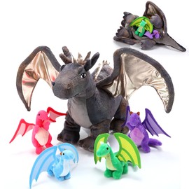 HyDren 5 Pcs Dragon Plush Toys 16 Inch Dragon Stuffed with 4 Babies Dragons in Mommy Dinosaur Belly, Plush Animal for Kids Boys Girls Birthday Christmas Party Decoration Student Classroom Prizes