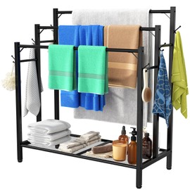 HavenlyYouth HavenlyYouth 3 Tier Towel Rack with Large Storage & 6 Hooks, Blanket Drying and Display Rack for Oversized Bath Towels, Free Standing Pool Towel Rack Stand for Bathroom Pool Indoor and Outdoor
