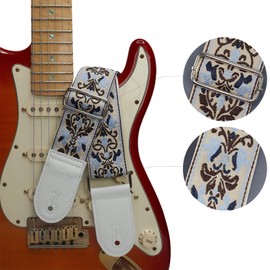 HOWROCK Guitar Strap Electric Acoustic Bass Ukulele Accessories Blue Black Bohemian Style Jacquard Embroidery Cotton Shoulder Straps Belt Adjustable for Adults Kids Guitarists with Leather Ends