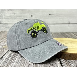 Shenbors Embroidered Monster Truck Hats for Toddler Boys Girl, Children's Washed Gray Adjustable Baseball Cap Dad Hat for Kids Child