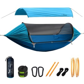 Travel Bird Camping Hammock Tent with Mosquito Net and Removable Sunshade, 4 in 1 Function, Lightweight Hanging Hammocks Tree Straps Swing, Bivvy Ground Tent for Outside, Hiking, and Travel