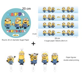 Kardasis Minions Tortenaufleger mit Papierfiguren | Essbarer Aufleger für Torten und Kuchen | Tortendekoration für den Minions Themengeburtstag | 20cm+ 4 band 28x4cm + 5 Figuren