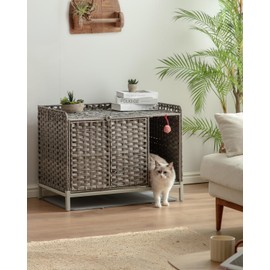 SETVSON Cat Litter Box Enclosure Furniture with Divider, Handwoven Rattan Litter Box with Mat, 31.2 x 19.6 x 24.2 Inches, Metal Heightened Feet, Hidden Cat House for Living Room, Bedroom (Gray)