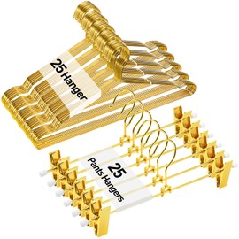 Wesiti 50 Pcs Gold Hangers Include 25 Pcs 17.7" Cloth Hangers with 25 Pcs 12'' Metal Pants Skirts Hangers with 2 Adjustable Non Slip Clips Swivel Hook Strong Metal Wire Clothes Hangers