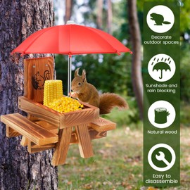 Squirrel Feeder Table,Wooden Squirrel Picnic Table with Umbrella & Corn Cob Holder,Outdoor Squirrels Chipmunk Feeding Bench Station,Garden Ornaments for Bird, Squirrels Chipmunk