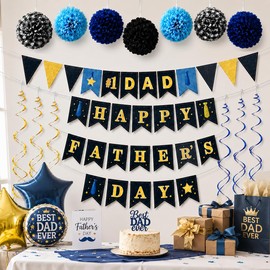 Father's Day Decorations for Home, Happy Father's Day Banner with #1 Dad Banner, 7 Paper Pom Poms, 6 Hanging Swirls, Blue Gold Black Plaid Party Decorations for Family Office BBQ Celebration
