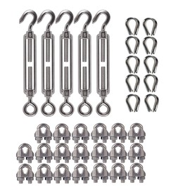 M6 Turnbuckle Tensioner (Hook and Eye) Wire Rope Tension, Stainless Steel 5PCS Adjustable Turnbuckles Tensioner Set Heavy Duty, 20PCS 1/8 M3 Wire Rope Clamp, 10PCS M3 Loop Thimble