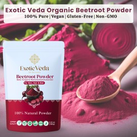 EXOTIC VEDA Organic Beetroot Powder 100g(3.53oz) | 100%Pure Beet Root Supplement-Vegan, Gluten-Free, Non-GMO | Natural Food Coloring & Nutrient-Rich Superfood for Smoothies, Baking, Cooking & Skincare