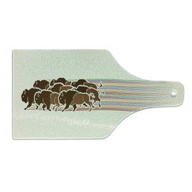 Lunarable Bison Cutting Board, Group of Buffalo Running Designed on Line Rainbow Tale American Wildlife Illustration, Decorative Tempered Glass Cutting and Serving Board, Wine Bottle Shape, Multicolor