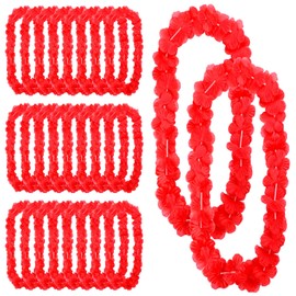 24 Counts Hawaiian Leis Necklace Tropical Flower Lei Floral Luau Party Decorations Hawaiian Flower Luau Necklaces Hula Dance Garland Headbands for Beach Birthday Wedding Party(Red)