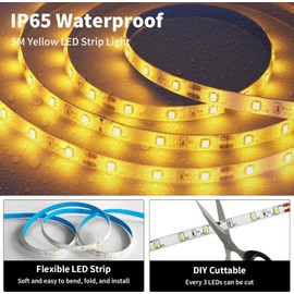 iNextStation Yellow LED Strip Light, 16.4ft/5M SMD 2835 DC 12V Flexible Cuttable Waterproof LED Tape Light for Bedroom Kitchen Cabinet Wardrobe TV DIY Lighting