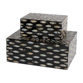 Deco 79 Mother of Pearl Shell Decorative Box Geometric Floral Decorative Keepsake Boxes with Beige Accents, Set of 2 Storage Boxes 12", 8"W, Black