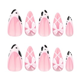 Pink Press on Nails Ribbon Medium Almond Fake Nails with Bows Charms Design Cow Print French Tips Glue on Nails Full Cover Spring Nails Glossy Summer False Nails for Women Girls Manicure 24pcs
