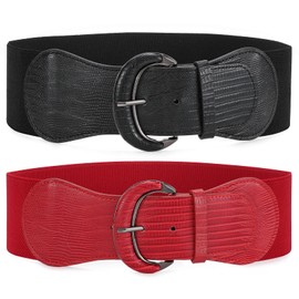 JasGood Pack of 2 Women's Wide Elastic Waist Belt Vintage Belt Waist Belt for Women Dresses, Black/Red, 112 cm (for Waist Size 106 cm-120 cm)