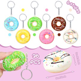 Jexine 36 Pcs Donut Keychain Stress Balls 2 Inch Donut Theme Party Favors Doughnut Squishy Keychain Pendant for Kids Backpack Party Supplies Accessory, 6 Colors