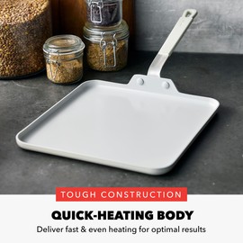 GreenPan x Bobby Flay 11” Nonstick Square Griddle Pan, PFAS-Free Diamond Ceramic Stay-Cool Silicone Handle, Easy Clean Dishwasher & Oven Safe Skillet, Cream