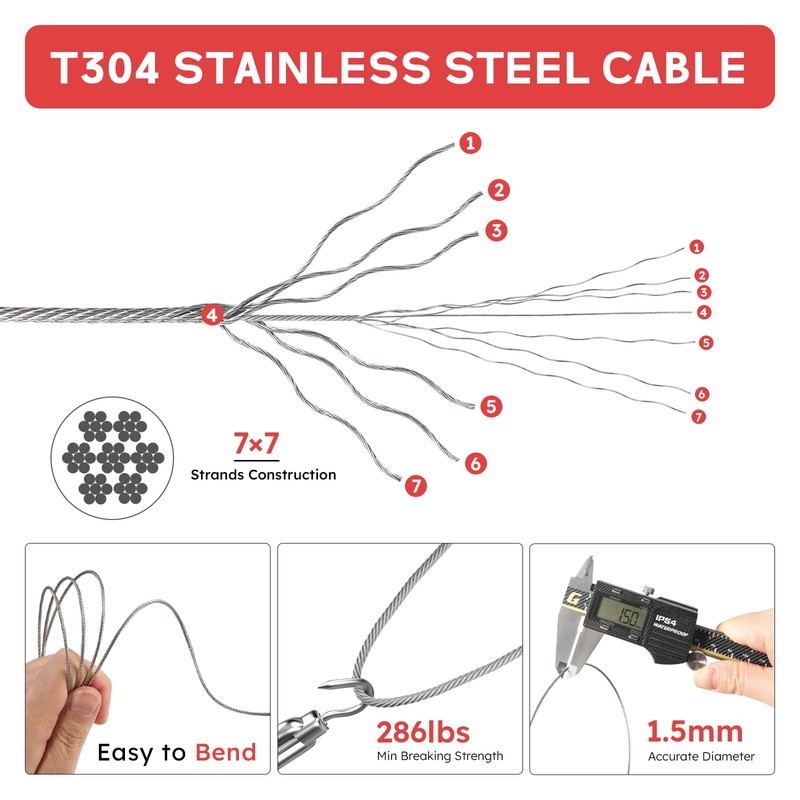 KALLSDY Wire Rope Crimping Tool Kit, 328FT Stainless Steel Cable