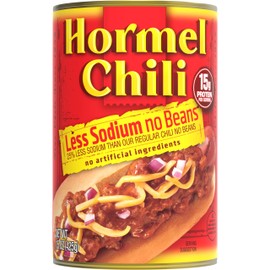 HORMEL Chili Less Sodium No Beans (Pack of 12), 15 oz – No Artificial Ingredients, 15g Protein per Serving, Great for Bowls, Dips, Hot Dogs and Appetizers