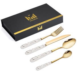 SensiSel 16 Piece Ceramic White Handles and Golden Plated Stainless Steel Set,White Marble Handle with Golden Mouth Flatware Cutlery Set Service for 4 (Gift Boxed)