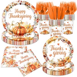 144Pcs Thanksgiving Plates and Napkins,Fall Thanksgiving Party Supplies Autumn Pumpkin Floral Party Decorations for Autumn Harvest,Thanks Giving Decor Serves 24