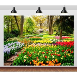 Loccor 9x6ft Fabric Spring Garden Backdrop Colorful Tulips Flowerbeds and Path Photography Background Spring Flowers Backdrop Birthday Wedding Party Baby Shower Photo Studio Props