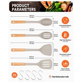 Silicone Cooking Utensils Set, Perfectly Angled for Frying, Mixing,Serving,Draining,Turning and Stirring, BPA-Free Matte Silicone, Wood Handles, Safe for Nonstick Cooking Surfaces,4 Pack (Khaki)