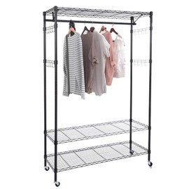 Oliote Rod Garment Rack 3 Tier Metal Wire Shelving Hang Large Rolling Movable Clothes Drying Rack with Lockable Wheels and Pair Side Hooks