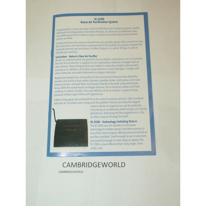 Wein Vortex VI-3500 NEW ROOM IONIC AIR PURIFIER removes 95%