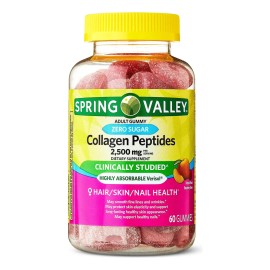 Spring Valley Peptidos De Colageno Cero Azucar Collagen Peptides Zero Sugar 2500 Mg Alta Absorcion Apoyo A La Salud De Uñas, Piel Y Cabello 60 Gomitas Para Adultos.