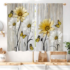 Famiffty - Cortinas de cocina con flores grises de 27.5 x 39 pulgadas, 2 paneles de bolsillo para barra, cortinas pequeñas para ventana de baño, decoración del hogar