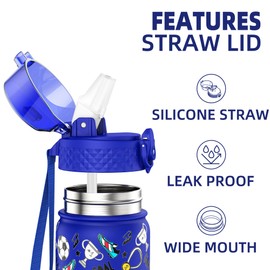 GOPPUS 420ml/14oz Kids Insulated Water Bottle with Straw Cute Double Wall Stainless Steel Child's Small Flask Vacuum Insulated Steel Metal Leak Proof Drink Flask Boys Toddler Girls Flask BPA-Free